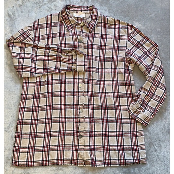 Susan Graver Tops - Plaid‎ Linen Blend Button Up Top Women's Size L Tan Red Long Sleeve Susan Graver